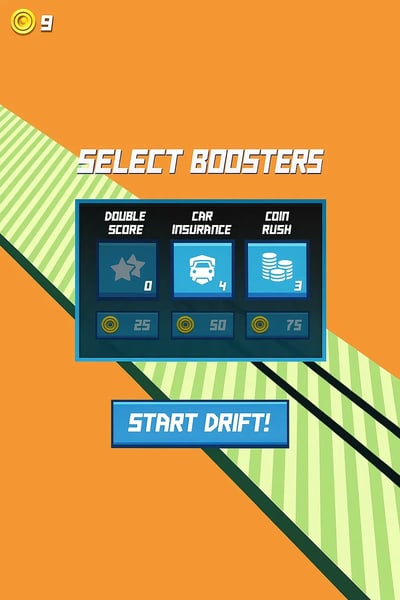 Drift Boss booster selection screen showing Double Score, Car Insurance, and Coin Rush options with coin prices.
